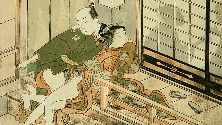 Harunobu silent they might hear us shunga 19th century woodblock print